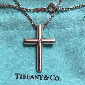 Tiffany & Co. 925 Silver Cross w/ Diamond Pendant with Original Pouch and Box